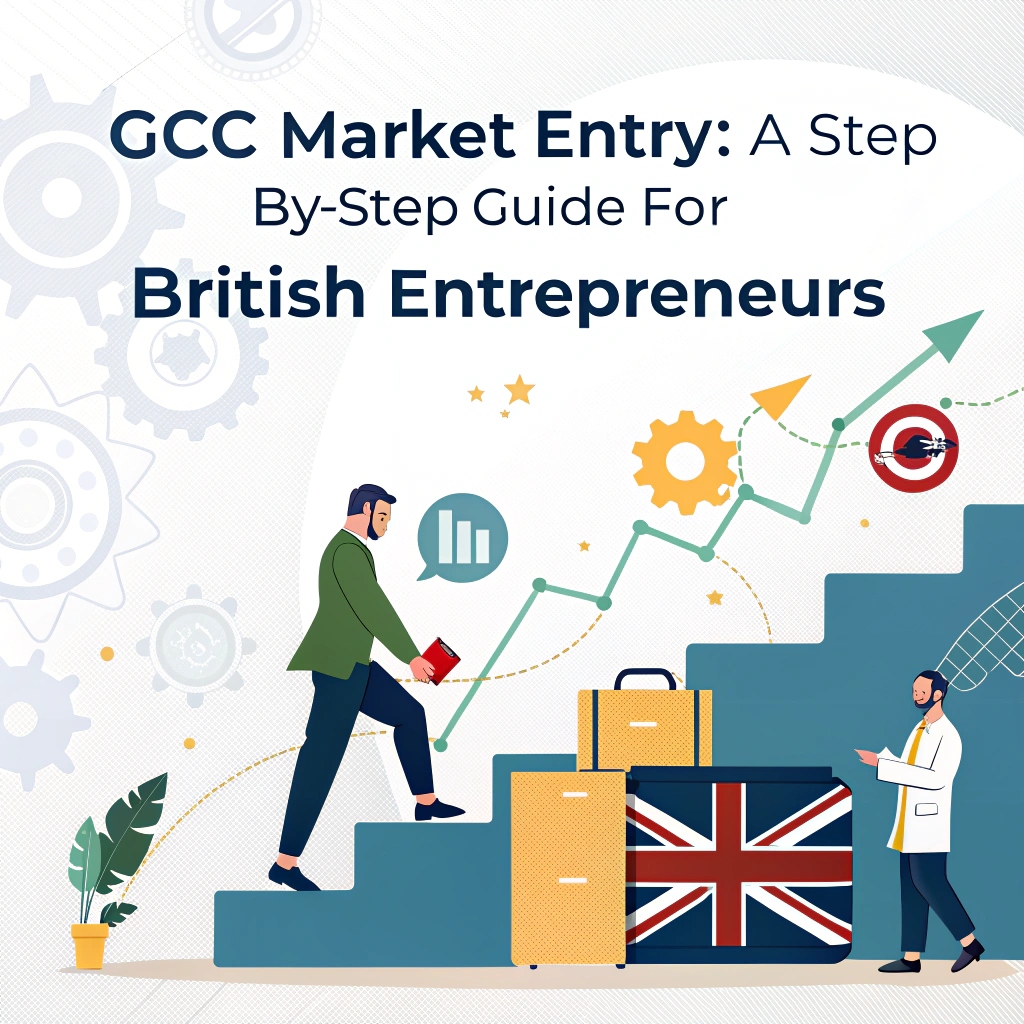 Design a featured image for the blog post "GCC Market Entry: A Step-by-Step Guide for British Entrepreneurs." The design should focus on: 1. **Setting**: A professional and dynamic environment that reflects the concept of market entry and entrepreneurship in the GCC region. 2. **Style**: Emphasize a clean and modern aesthetic that conveys clarity and strategic planning. 3. **Color Scheme**: Use colors that represent professionalism and opportunity, such as blues, greens, and golds, to create an inviting atmosphere. 4. **Imagery**: - Illustrate elements such as a map of the GCC region with key countries highlighted, alongside symbols of entrepreneurship (like briefcases, charts, or business plans). - Include visual representations of British culture, such as the Union Jack or iconic British landmarks, to signify the target audience. - Consider adding abstract elements that represent growth and strategy, such as upward arrows or gears symbolizing planning and execution. 5. **Text Element**: Optionally include the heading "GCC Market Entry: A Step-by-Step Guide for British Entrepreneurs" in a clear font that complements the overall design without overwhelming it. The final image should be visually appealing and relevant to the topic, enhancing the reader's understanding of entering the GCC market as a British entrepreneur.